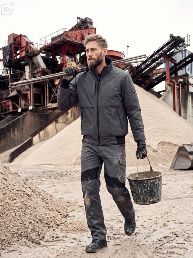 Ein Mann in Arbeitskleidung trägt eine Schaufel über der Schulter und einen Eimer auf einer Baustelle oder einem Industriebruch.