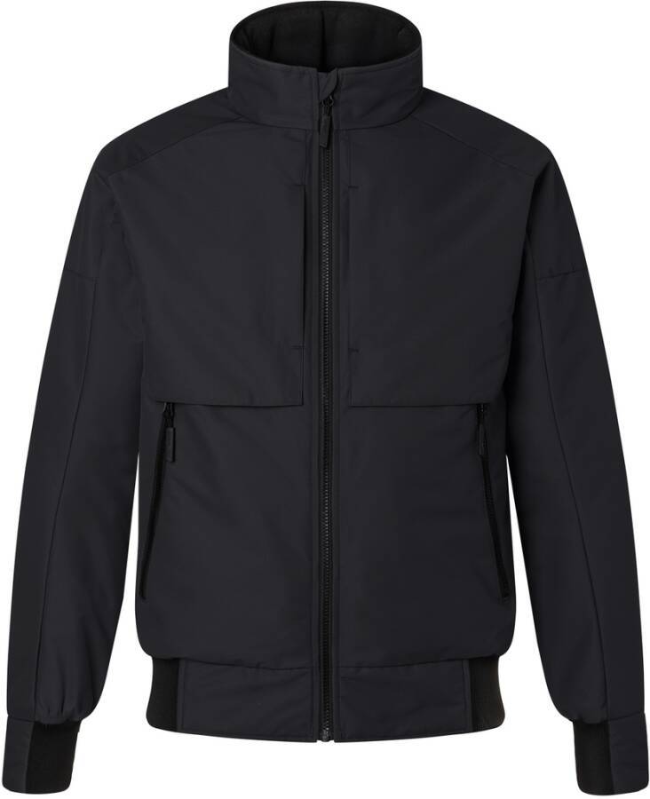 Schwarze Reißverschluss-Vorderjacke mit hohem Kragen, langen Ärmeln und vorderen Pattentaschen, gezeigt auf weißem Hintergrund.
