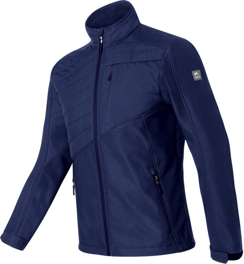 Marineblauer Reißverschluss-Jacke mit hohem Kragen, langen Ärmeln und Reißverschlusstaschen auf der Brust und an den Seiten auf weißem Hintergrund.