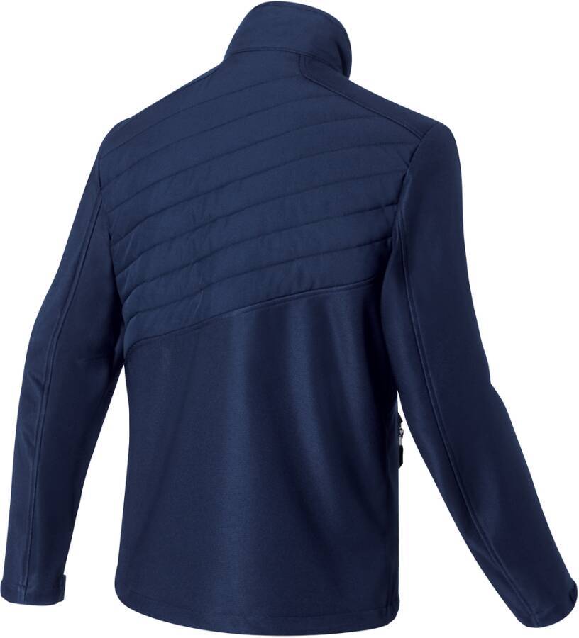 Dunkelblauer Langarm-Jacke oder Hemd von hinten gezeigt, mit gesteppten Schulterpaneelen und hohem Kragen auf weißem Hintergrund.