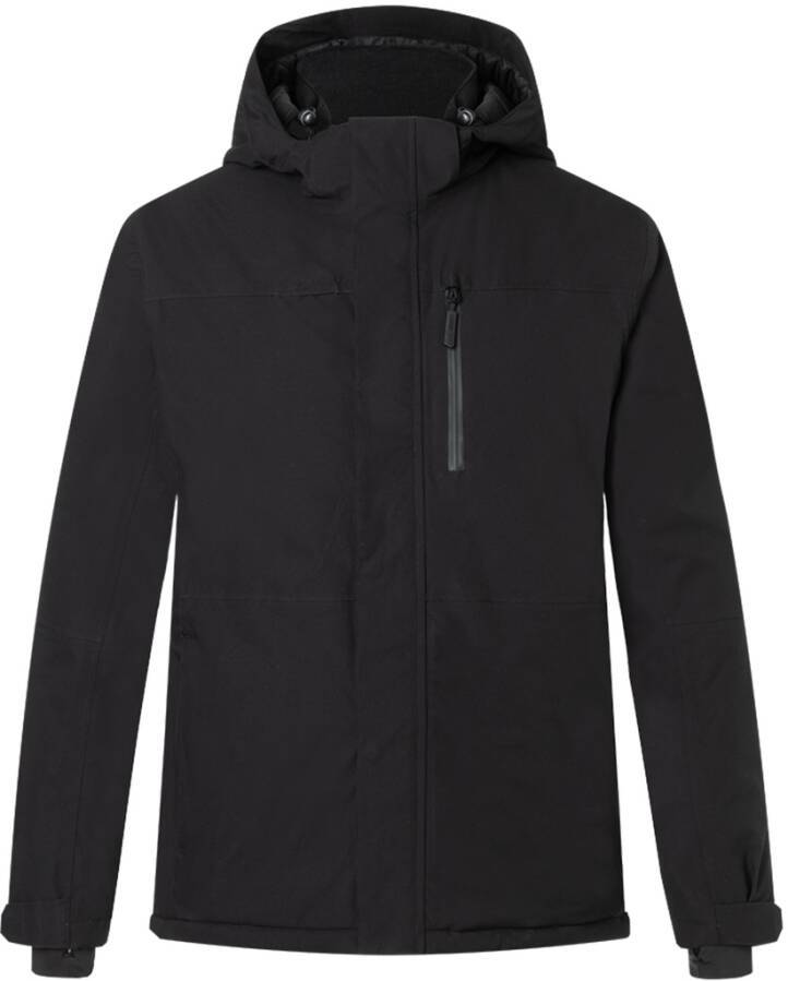 Schwarze Kapuzenjacke mit Reißverschluss vorne, langen Ärmeln und hohem Kragen, Vorderansicht auf weißem Hintergrund.