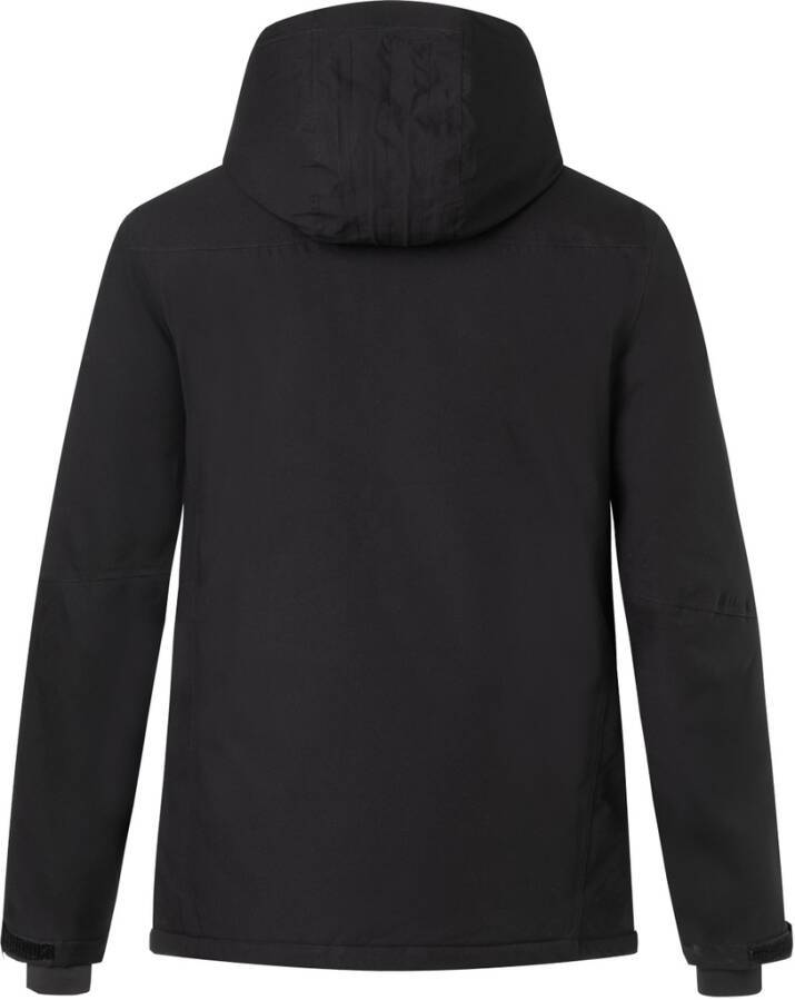 Schwarze Kapuzenjacke von hinten auf einfachem weißem Hintergrund gezeigt, mit langen Ärmeln und geradem Saum.