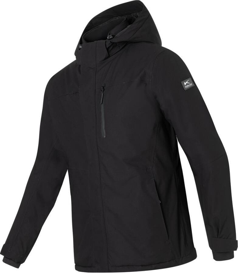 Schwarze Kapuzenjacke mit Reißverschluss und langen Ärmeln, auf weißem Hintergrund abgebildet.