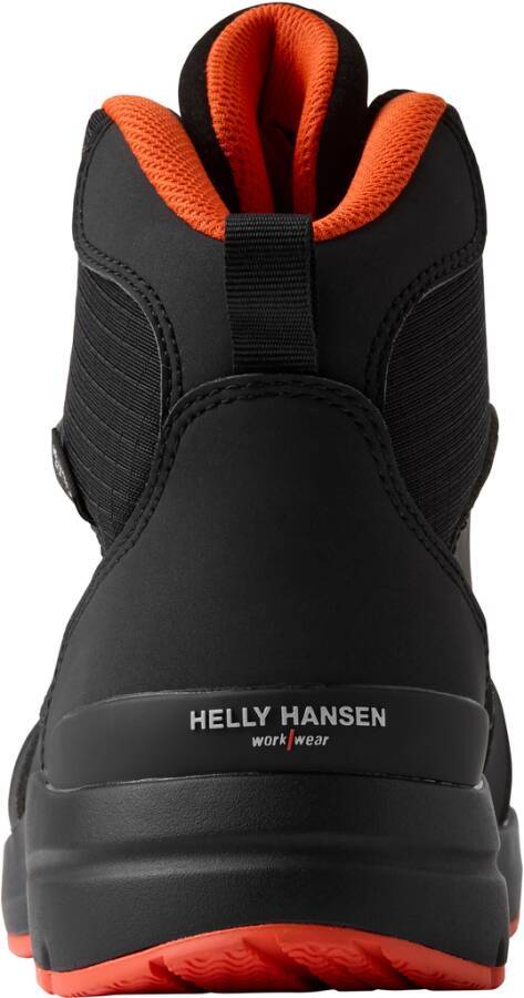Schwarzer Helly Hansen Workwear Sicherheitsstiefel mit orange Futter und roter Sohle, von hinten auf weißem Hintergrund gezeigt.