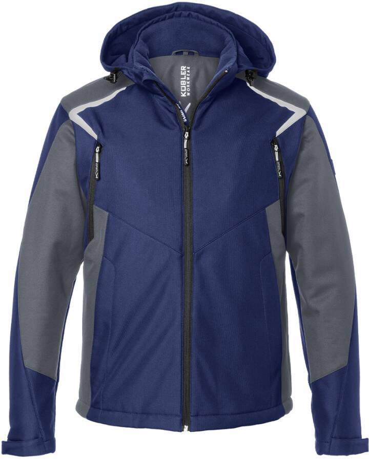 Marineblau und grau gefärbte Kapuzenjacke mit Reißverschluss, schwarzen Reißverschlüssen und reflektierenden Schulterapplikationen.