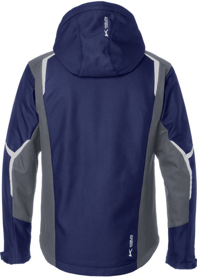 Rückansicht einer dunkelblau und grau gefärbten Sportjacke mit Kapuze, langen Ärmeln und reflektierenden Akzenten