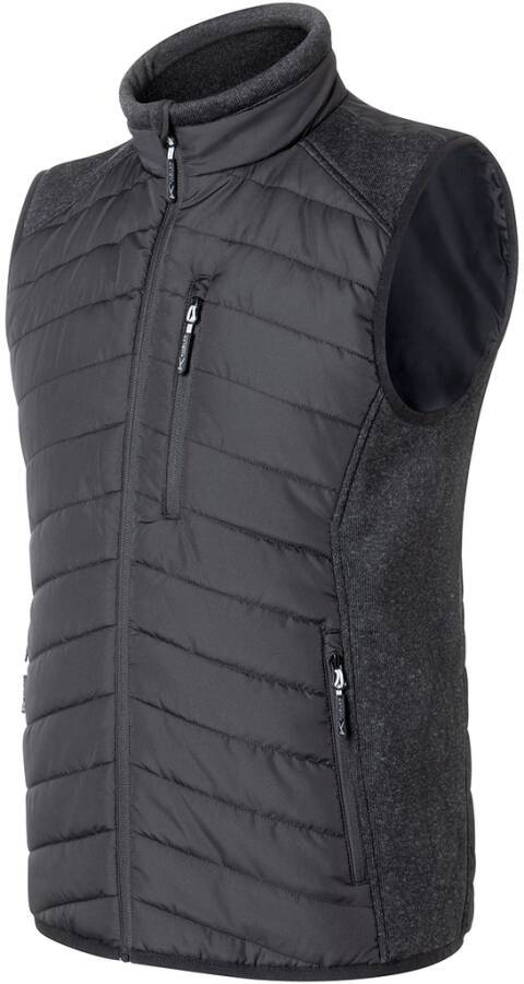 Schwarze ärmellose gesteppte Daunenweste mit Stehkragen und Reißverschlusstaschen, auf weißem Hintergrund gezeigt.