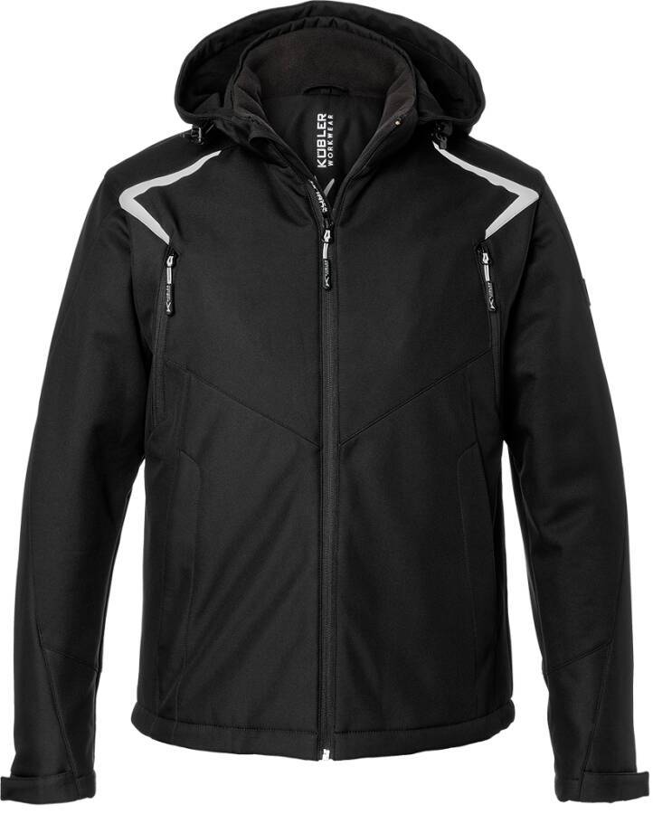 Schwarze Kapuzenjacke mit Reißverschluss, graue reflektierende Schulterverzierungen und Brusttaschen mit Reißverschluss, Vorderansicht auf weißem Hintergrund