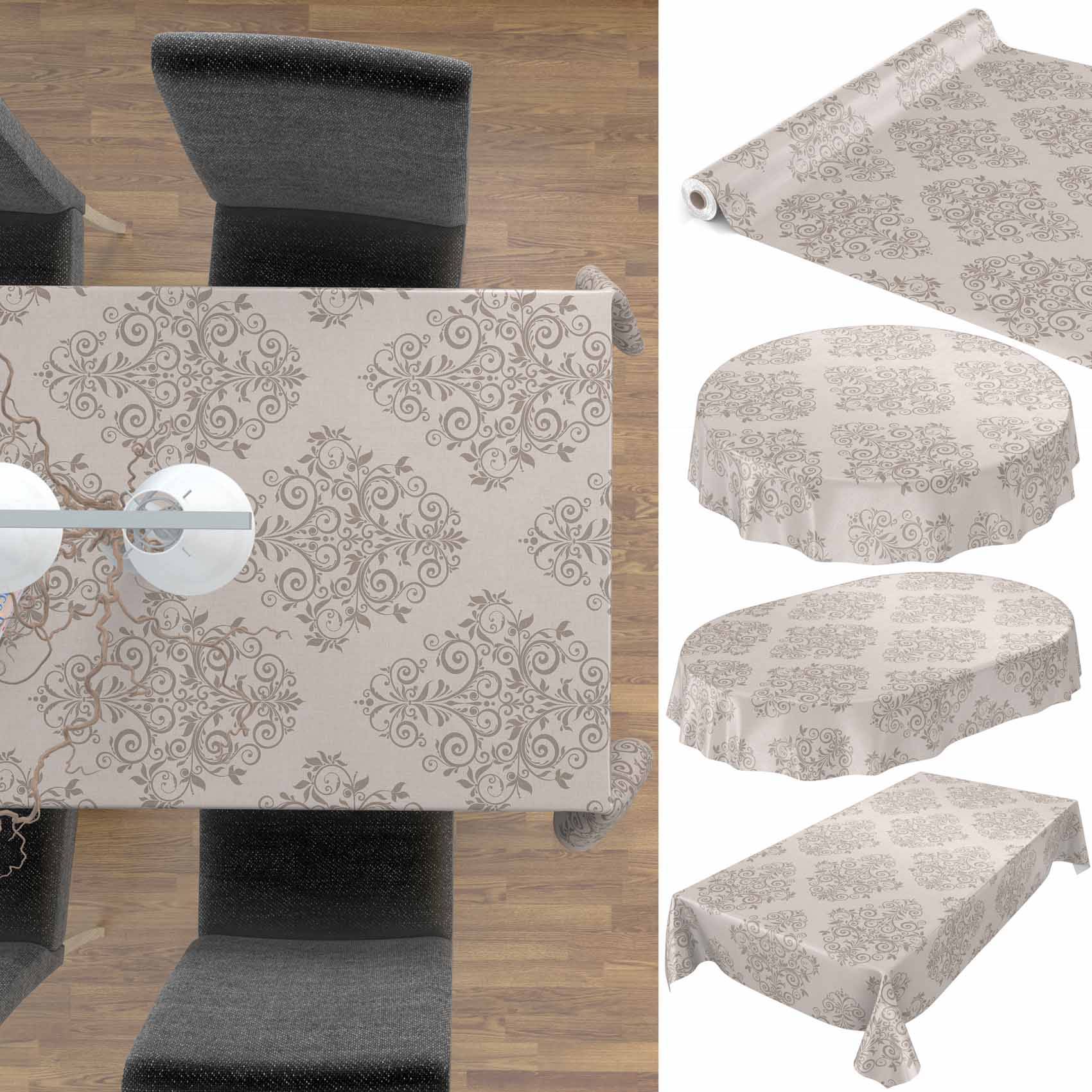 ANRO Tischdecke Ranken Beige 280 x 140 cm eckig mit Paspelband Wachstuch Rankenmuster