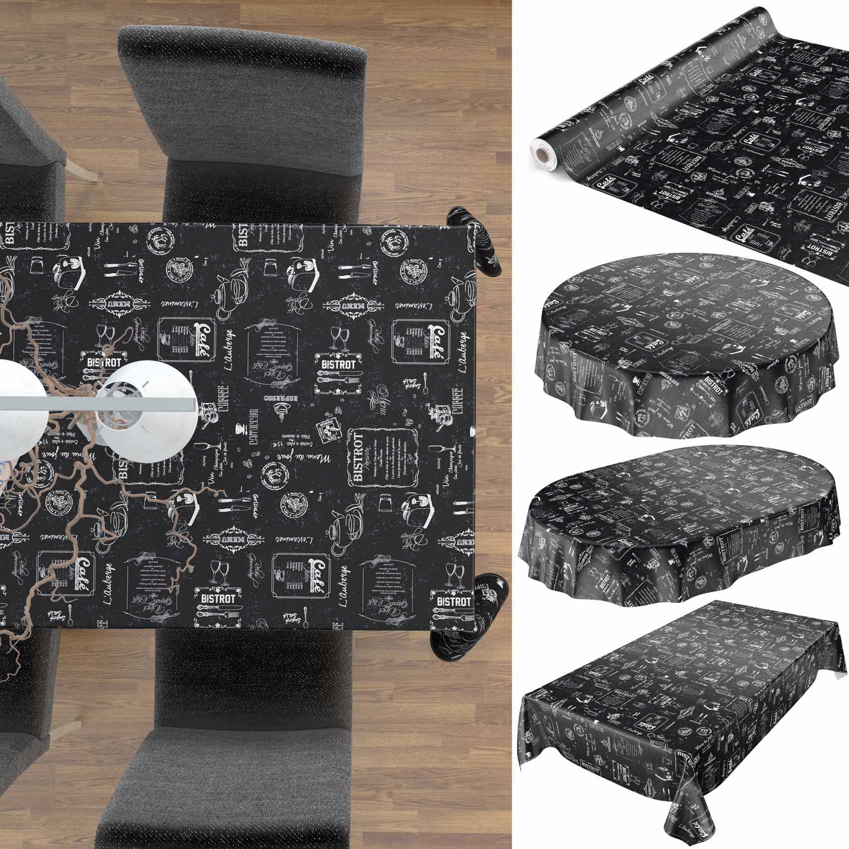 ANRO Tischdecke Bistro Schwarz Ø 120 cm rund mit Paspelband Wachstuch abwaschbar