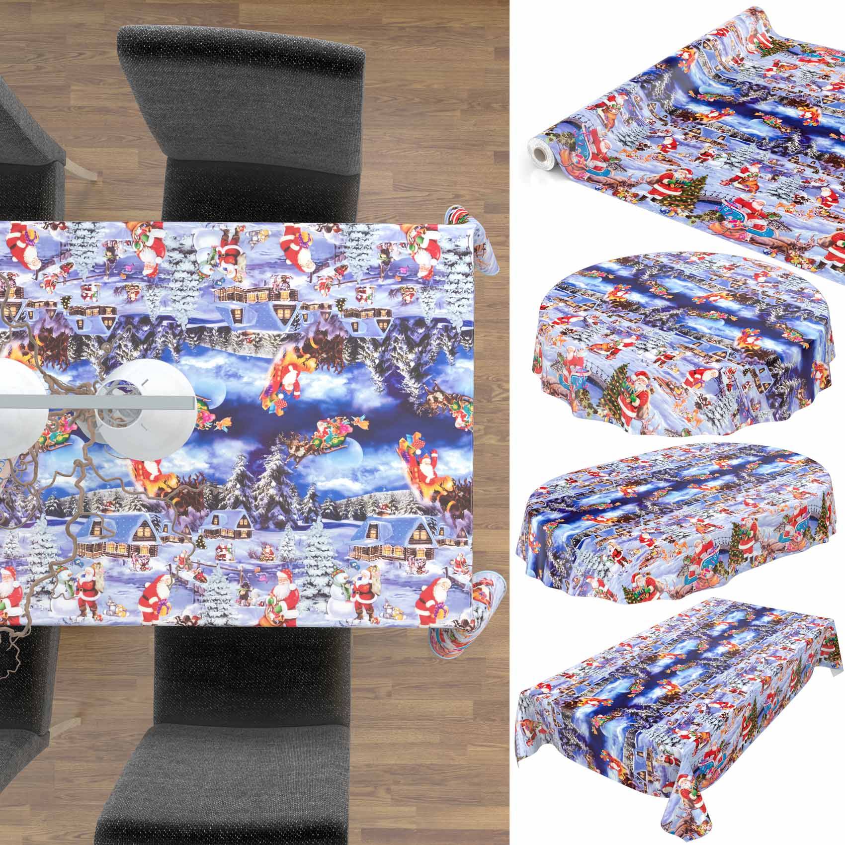 Weihnachtlich gestalterte Tischdecke mit Winterdorf- und Weihnachtsmannmuster, das auf einem Esstisch gezeigt wird, plus Nahaufnahmen des Stoffs, der über verschiedene Tischformen drapiert ist.