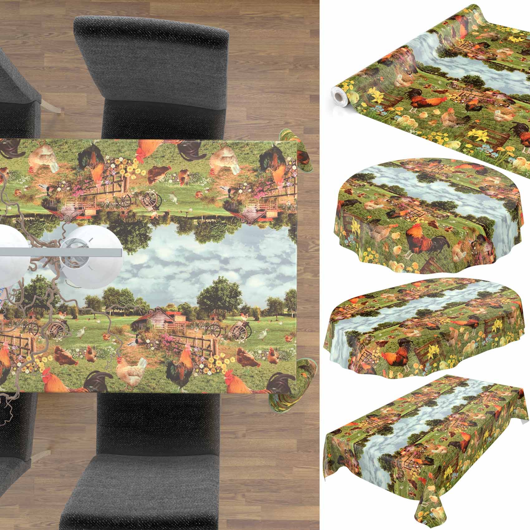 ANRO Tischdecke Bauernhof Grün Ø 140 cm rund Schnittkante Wachstuch abwaschbar