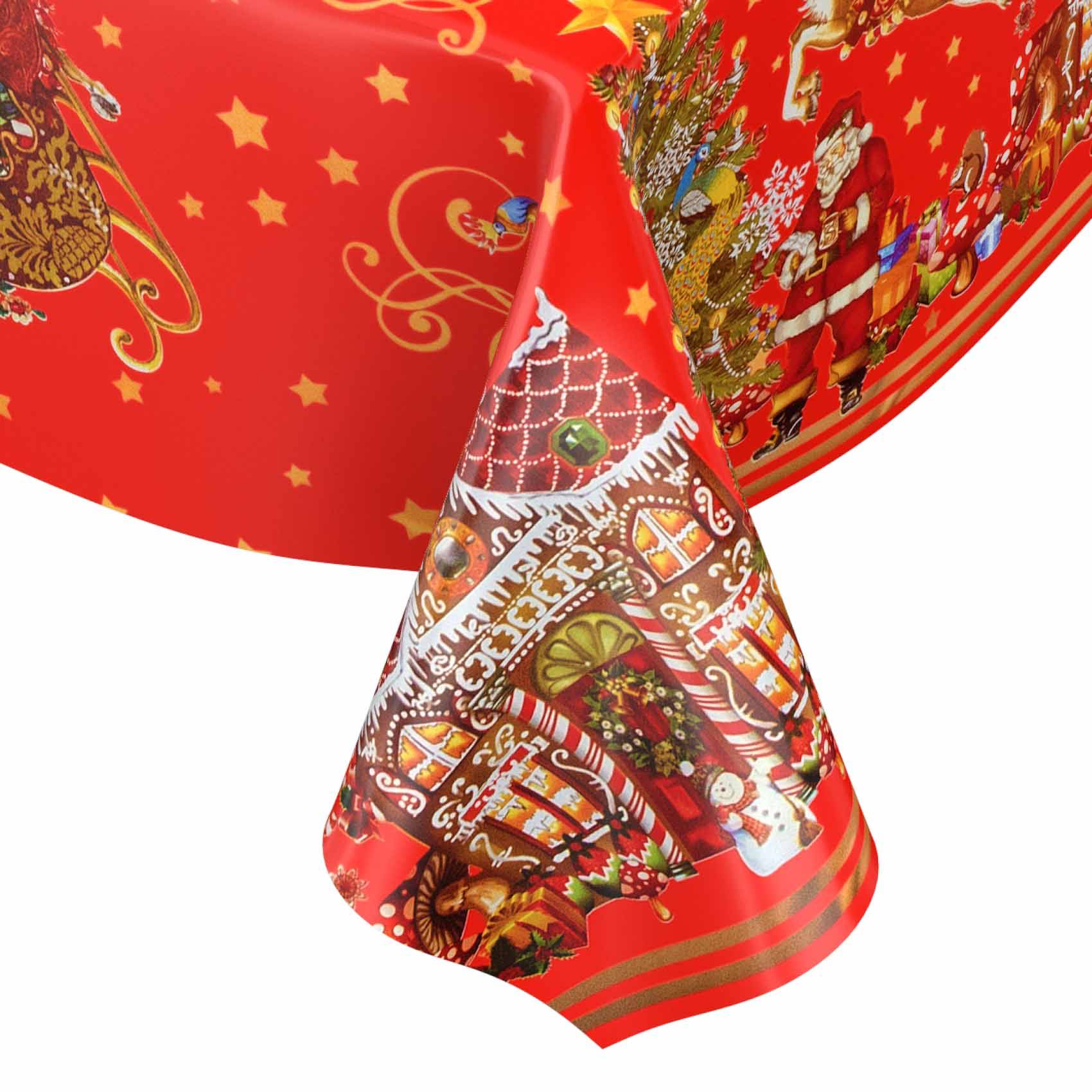 ANRO Tischdecke Lebkuchenhaus Rot 500 x 140 cm eckig Schnittkante Wachstuch abwaschbar