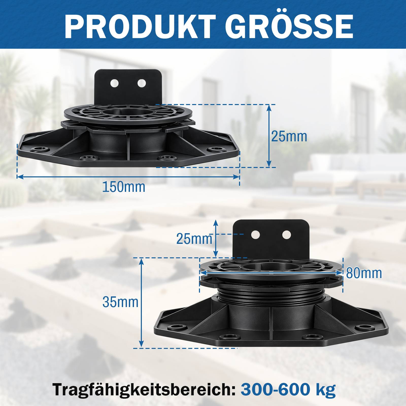 Produktgrößen-Diagramm einer schwarzen verstellbaren Sockelbase mit einer Breite von 150 mm, einer Höhe von 25 mm, einem oberen Abschnitt von 80 mm, einer Sockelhöhe von 35 mm und einem Lastbereich von 300–600 kg.