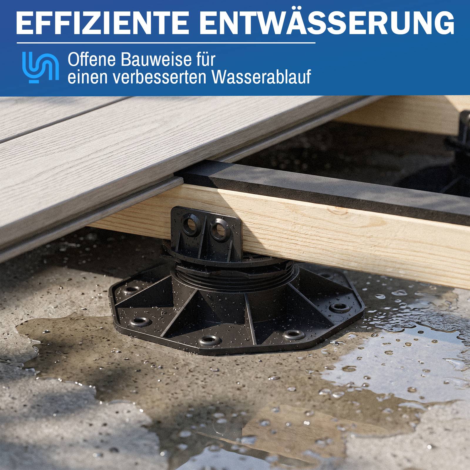 Erhöhtes Deck-Stützpedestal mit offenen Fugen für verbesserte Wasserdrenage, dargestellt unter hölzernem Belag mit deutscher Überschrift 'Effiziente Entwässerung'.