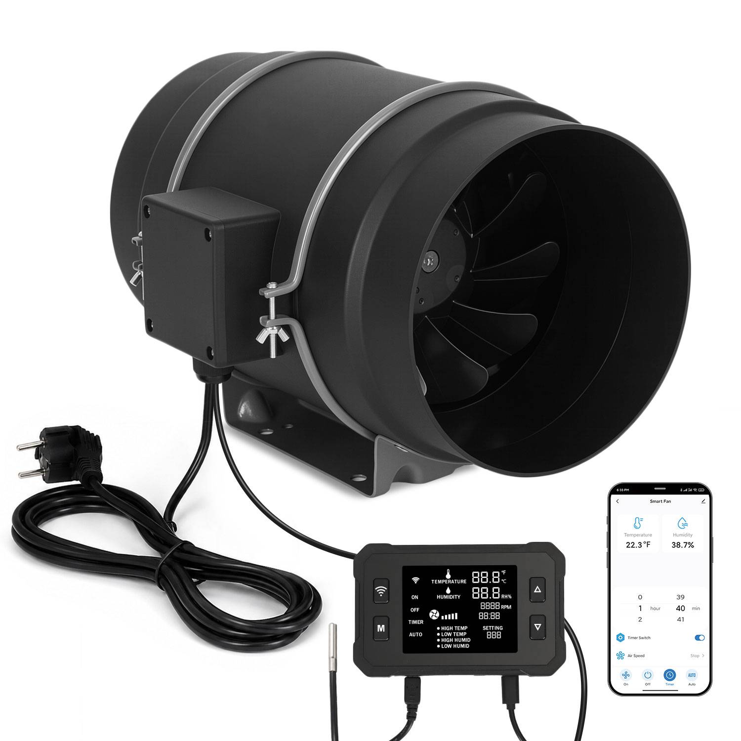 Rohrventilator 200 mm mit App-Steuerung, EC-Motor und Display für Zu- und Abluft