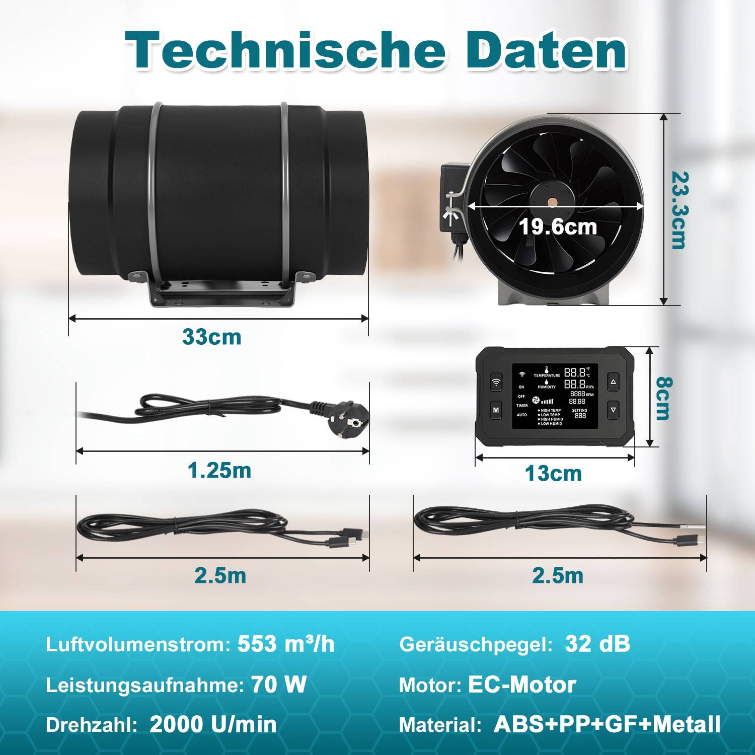 Rohrventilator 200 mm mit App-Steuerung, EC-Motor und Display für Zu- und Abluft