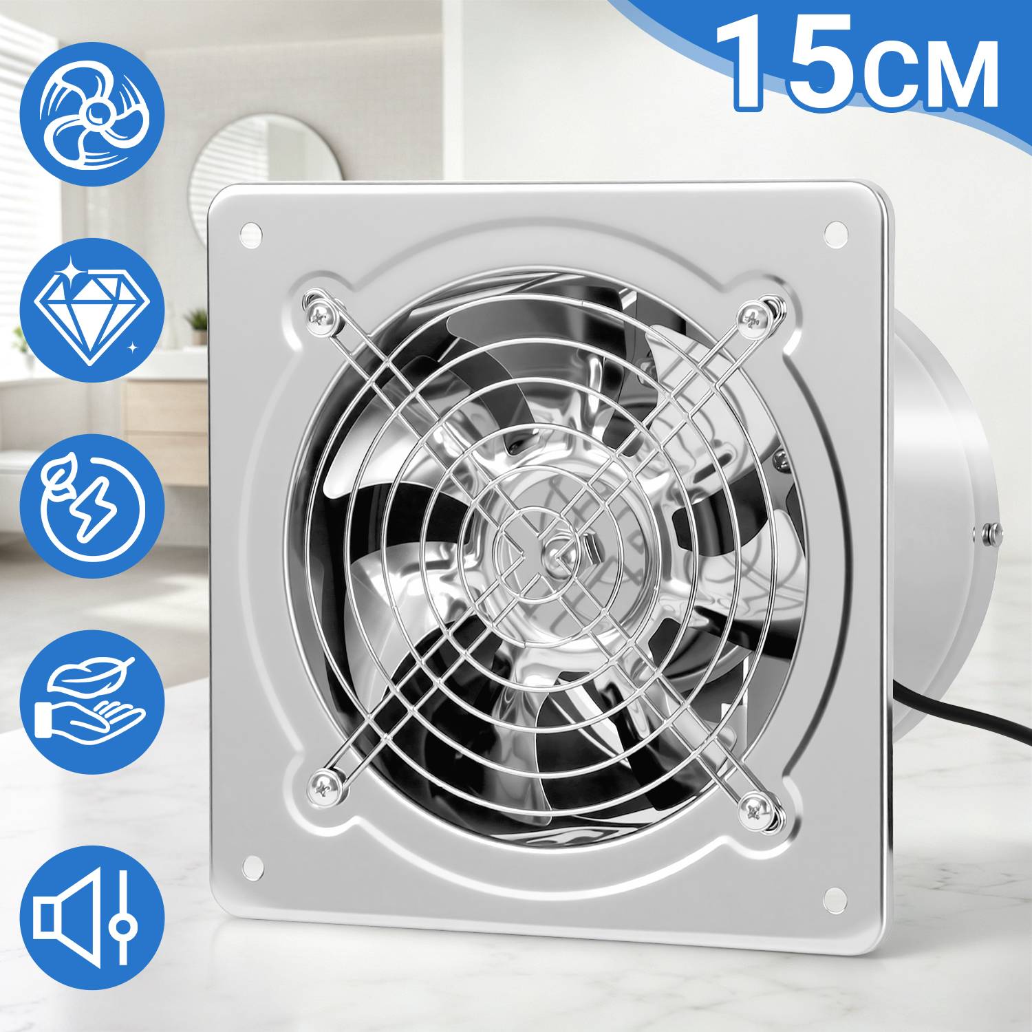 Quadratischer silberner Abluftventilator mit Schutzgitter und sichtbaren schwarzen Flügeln, mit Beschriftung 15 cm; Produktbild mit Funktionssymbolen auf der linken Seite.