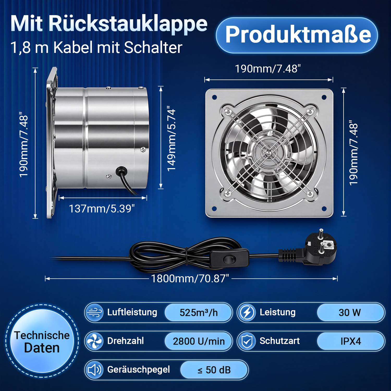 Produktabmessungen und technische Daten für einen Lüfter: 190 x 190 x 149 mm, 1,8 m Kabel mit Schalter, Luftdurchsatz 525 m³/h, 30 W, 2800 U/min, IPX4, Geräusch ≤ 50 dB.