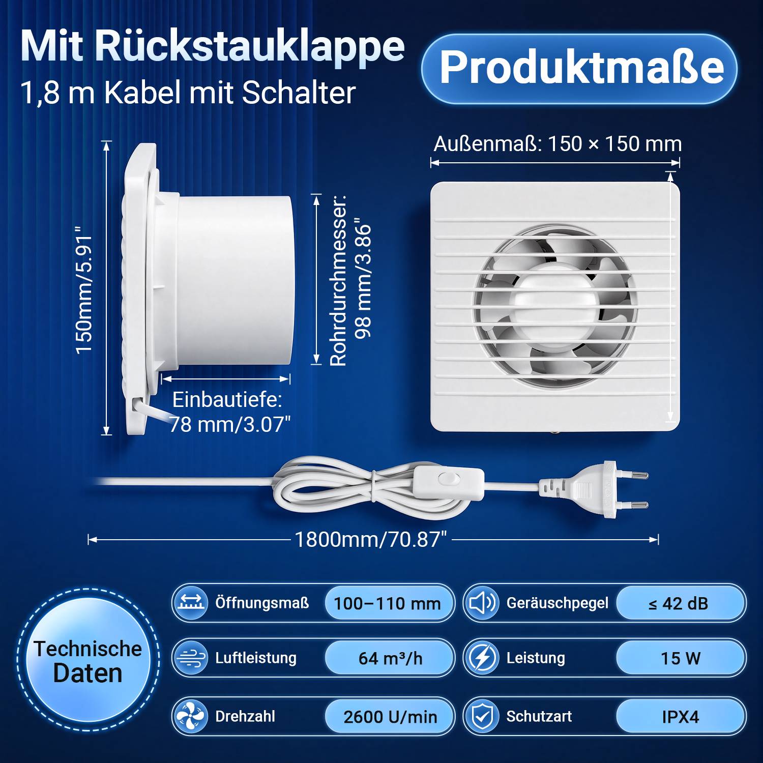 Badezimmer-Lüfter mit Rückstauklappe und Schalter: 150 x 150 mm Außengröße, 98 mm Luftkanal, 15 W, 64 m³/h, 42 dB, IPX4, 1,8 m Kabel.