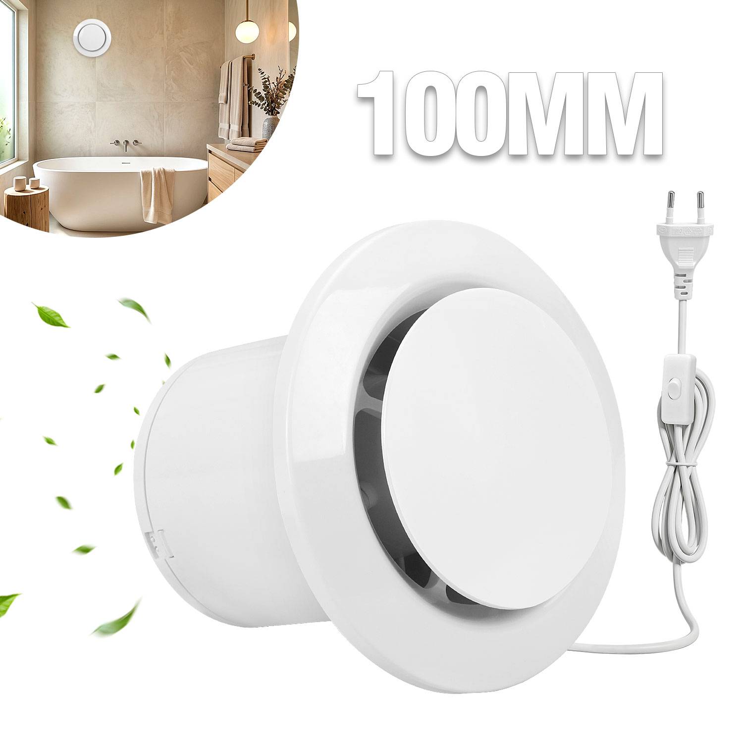 Weißer 100mm runder Badezimmer-Abluftventilator mit Stromkabel und Stecker, abgebildet mit einer kleinen Badezimmer-Einführung und Luftstrom-Blatt-Grafiken.