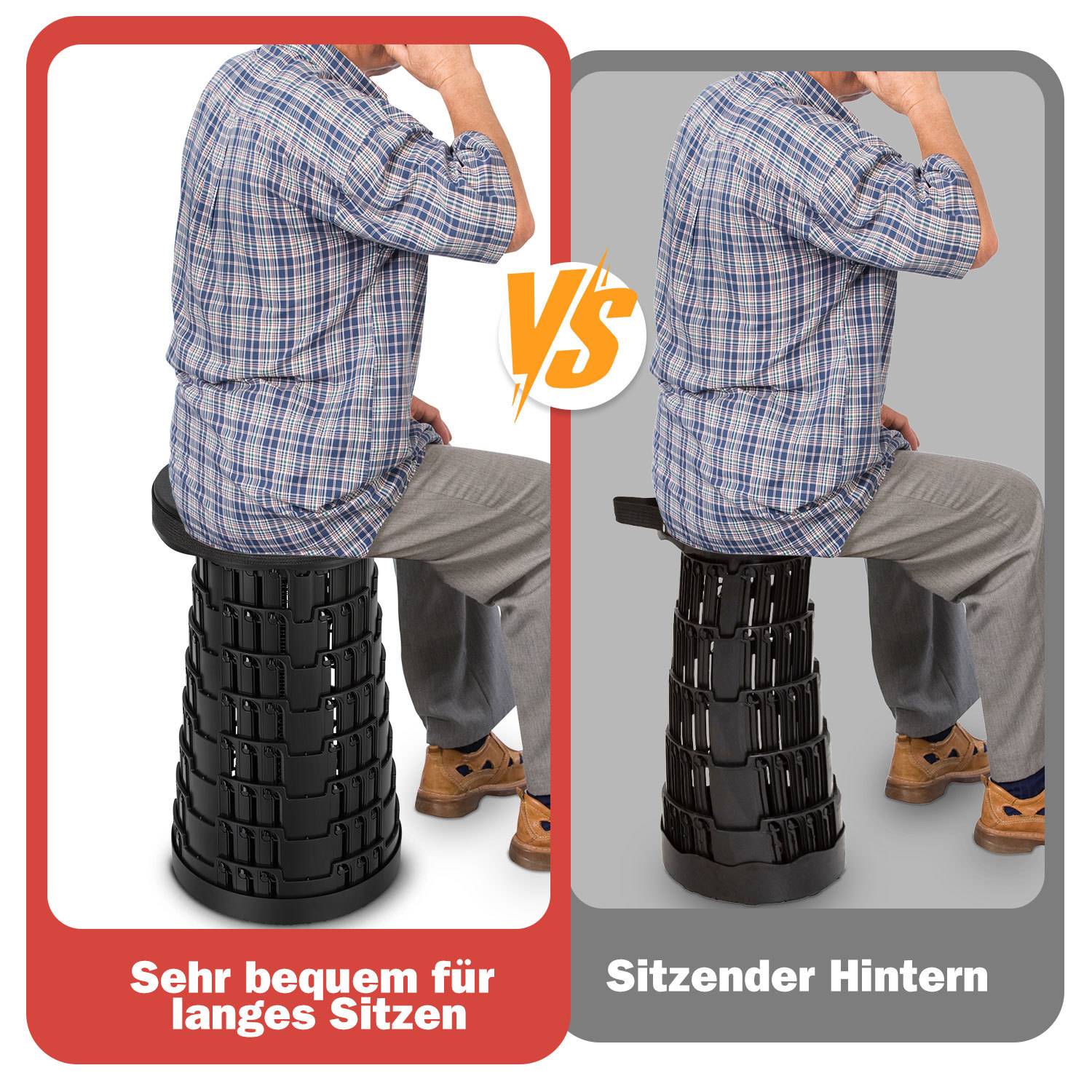 Vergleich zweier sitzender Männer auf verschiedenen Hockern nebeneinander, mit den Beschriftungen „Sehr bequem für langes Sitzen" und „Sitzender Hintern"" und einem „VS"" dazwischen.