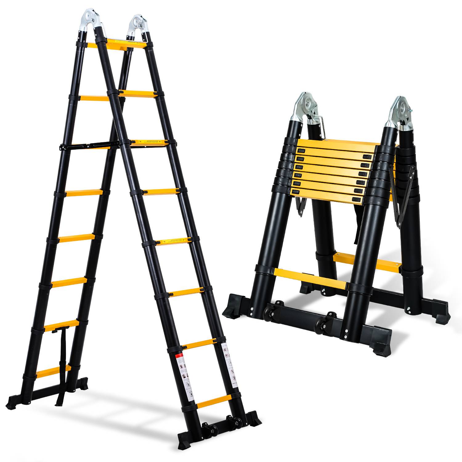 Gelenk-Teleskopleiter 5 m aus Aluminium, Schwarz-Gelb, 8+8 Stufen, 2 Stabilisatorstangen, 2 Transportrollen, klappbar, für Haus Garage Werkstatt