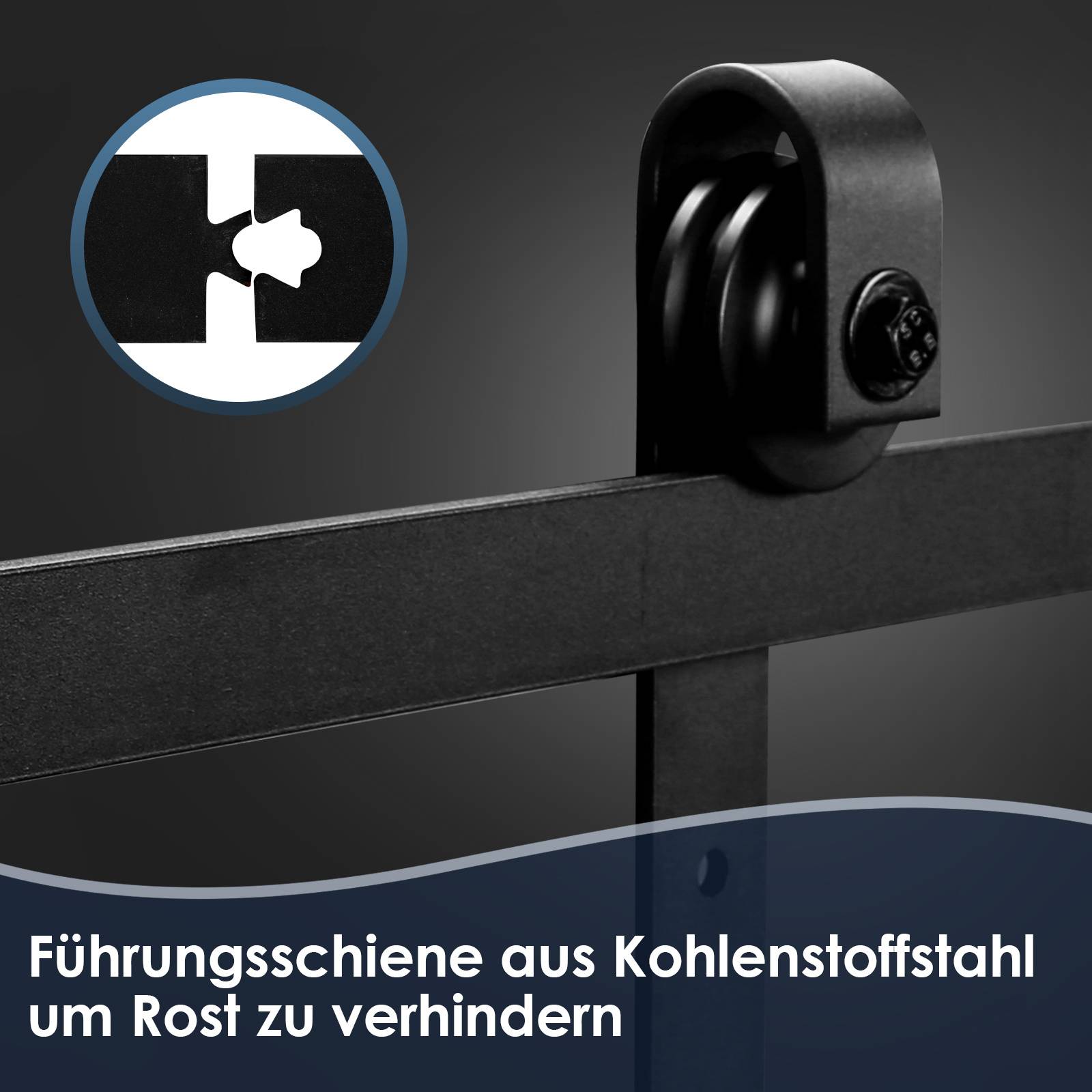 Schwarze Stahlführungsschiene und Walzenbaugruppe mit deutschem Text „Führungsschiene aus Kohlenstoffstahl um Rost zu verhindern", was anzeigt, dass Kohlenstoffstahl zur Rostverhinderung verwendet wird.