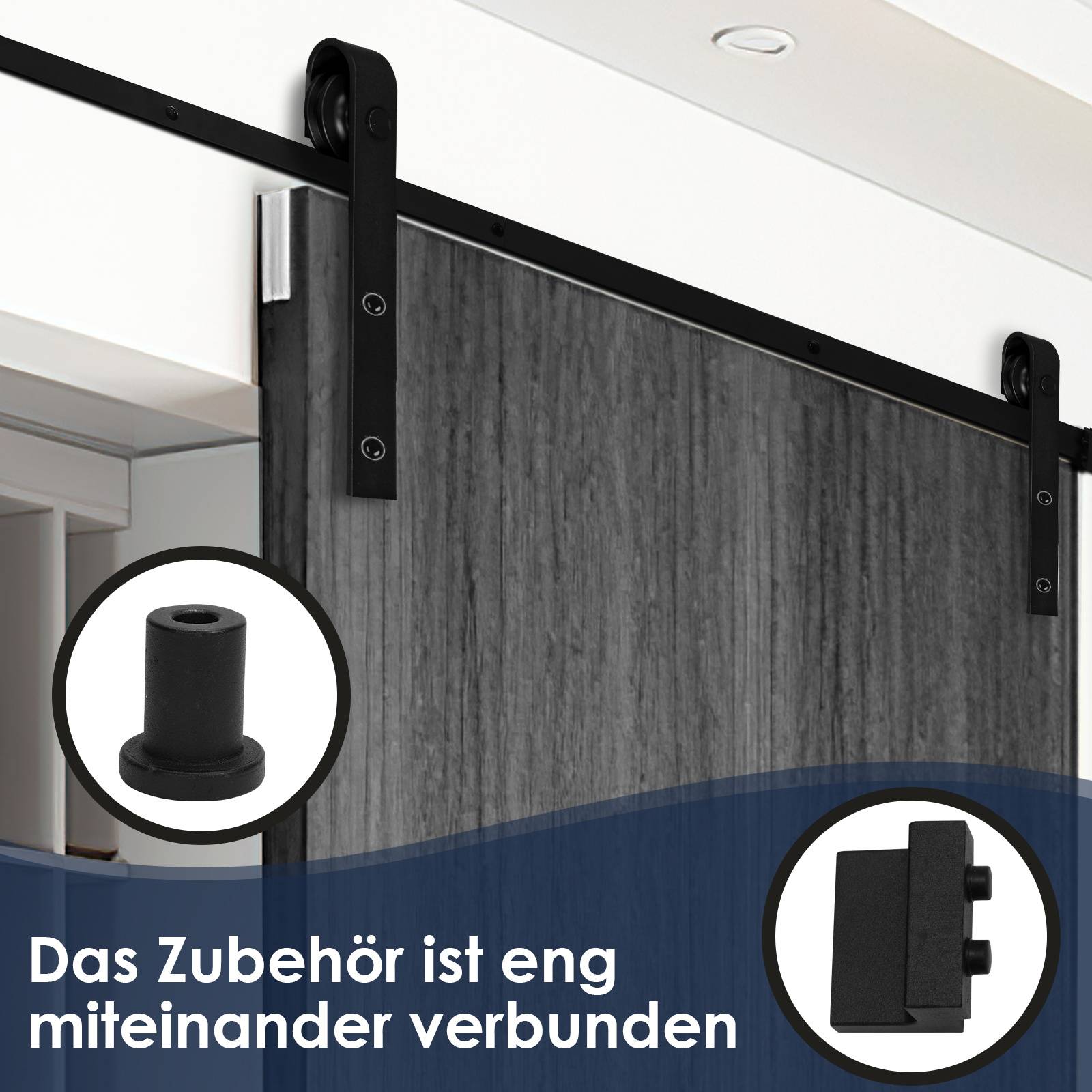 Schiebescheune mit schwarzer Beschlagware und einer Nahaufnahme eines Verbinders; Text besagt: „Das Zubehör ist eng miteinander verbunden".