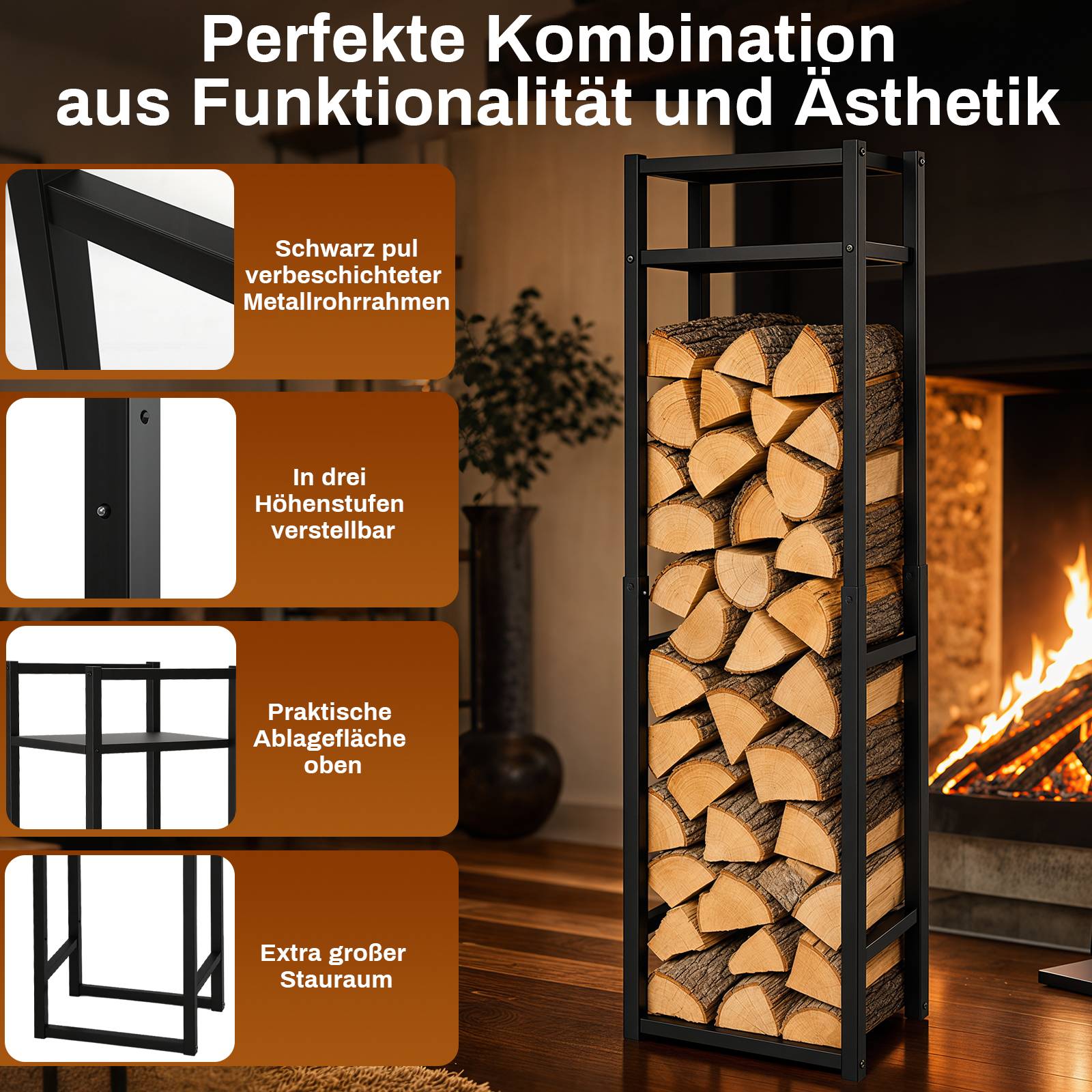 Hohes schwarzes pulverbeschichtetes Metallholzständer gestapelt mit Holzscheiten neben einem Kamin; Werbetexte heben verstellbare Regale, obere Lagerung und großes Fassungsvermögen hervor.