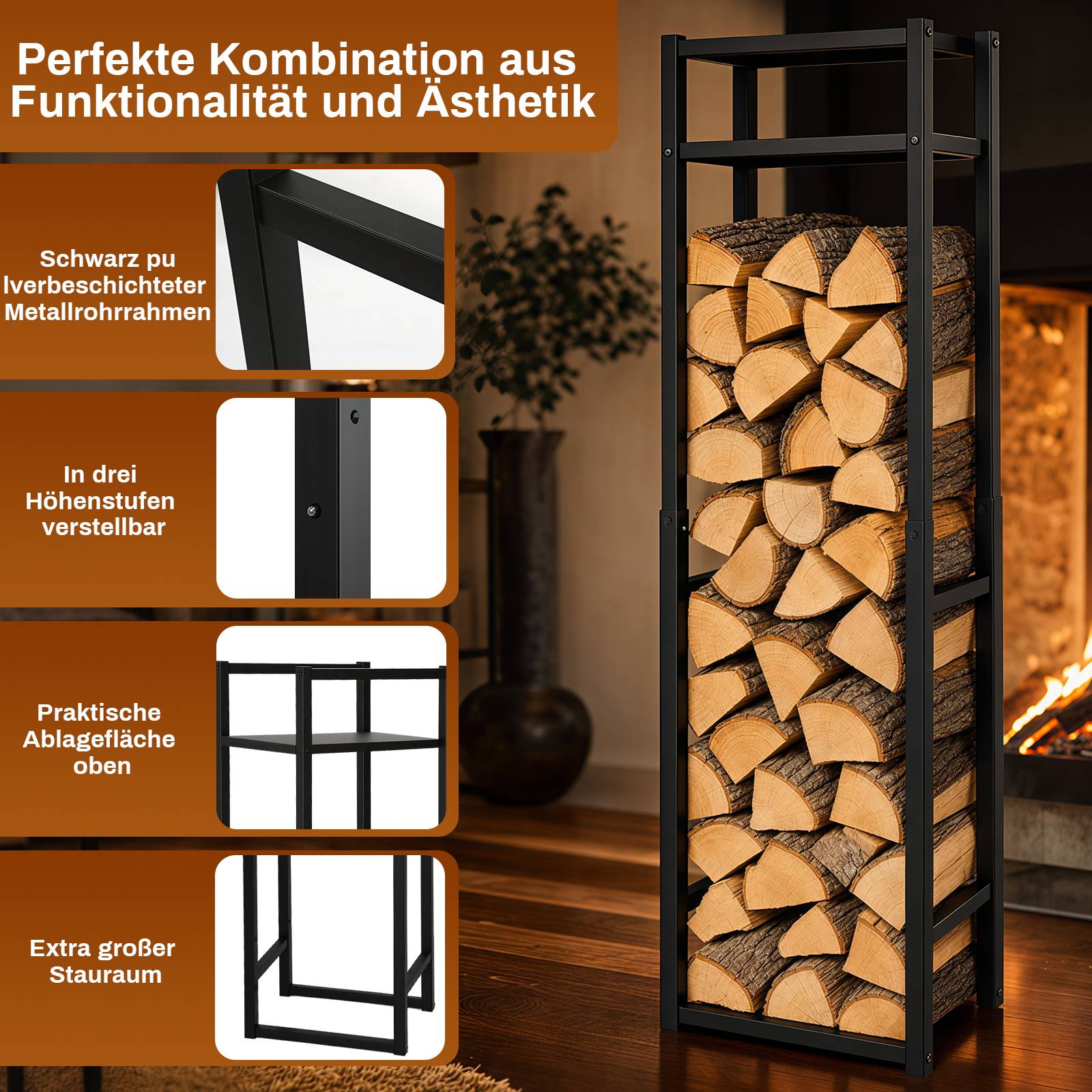 Werbebild eines schwarzen Metallholzständers neben einem Kamin, gefüllt mit gestapelten Holzscheiten, mit deutschem Text, der verstellbare Höhe, oberes Regal und zusätzlichen Stauraum hervorhebt.