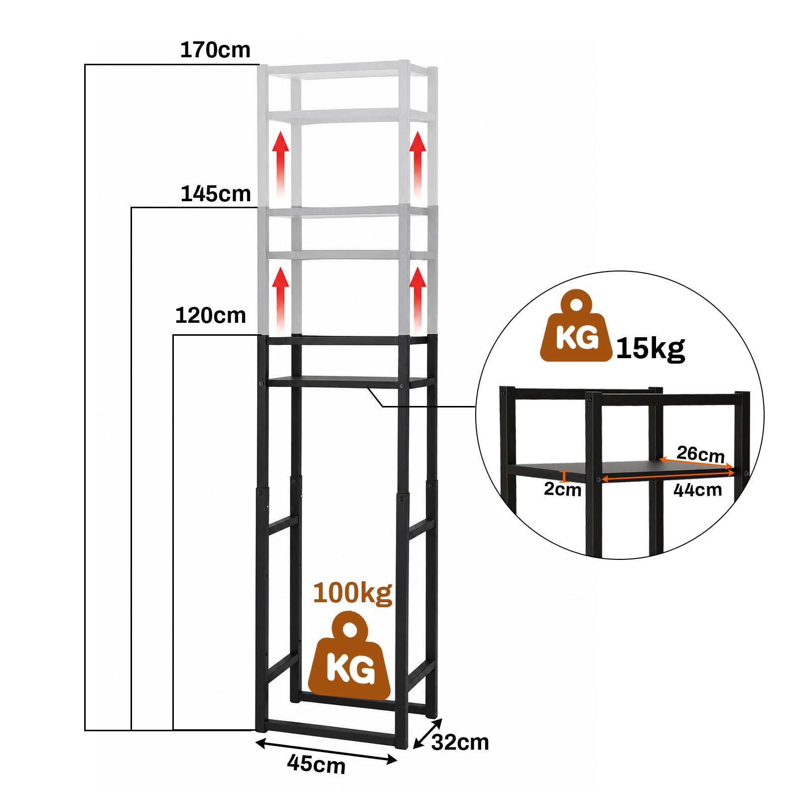 Erweiterbares schwarzes Metallregal, dargestellt in 120cm, 145cm und 170cm Höhe; trägt insgesamt 100kg und 15kg pro Regal, mit 45cm x 32cm Grundfläche.