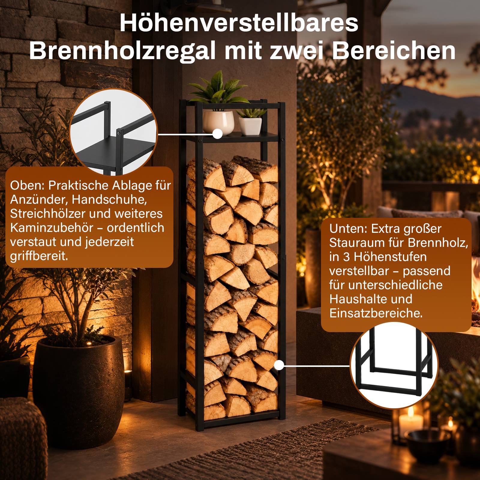 Verstellbarer Holzständer mit zwei Abschnitten: oberes Regal für Anzündholz und Zubehör sowie untere 3-stufige Lagerung für Brennholz.