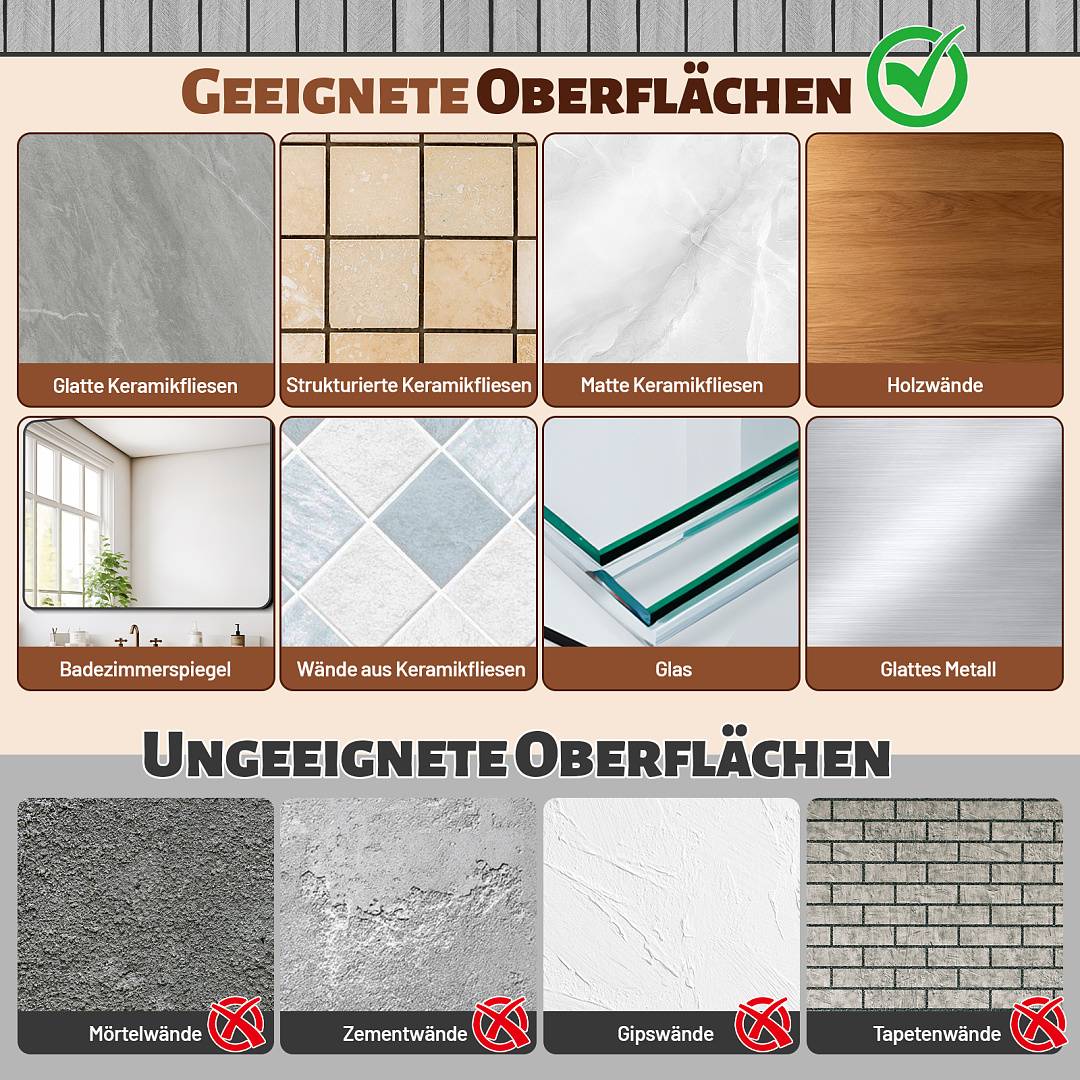 Infografik zum Vergleich geeigneter Oberflächen für Klebemontage: Fliesen, Holz, Badezimmerspiegel, Glas und glattes Metall; ungeeignete Oberflächen: Mörtel, Zement, Putz und tapezierte Wände.