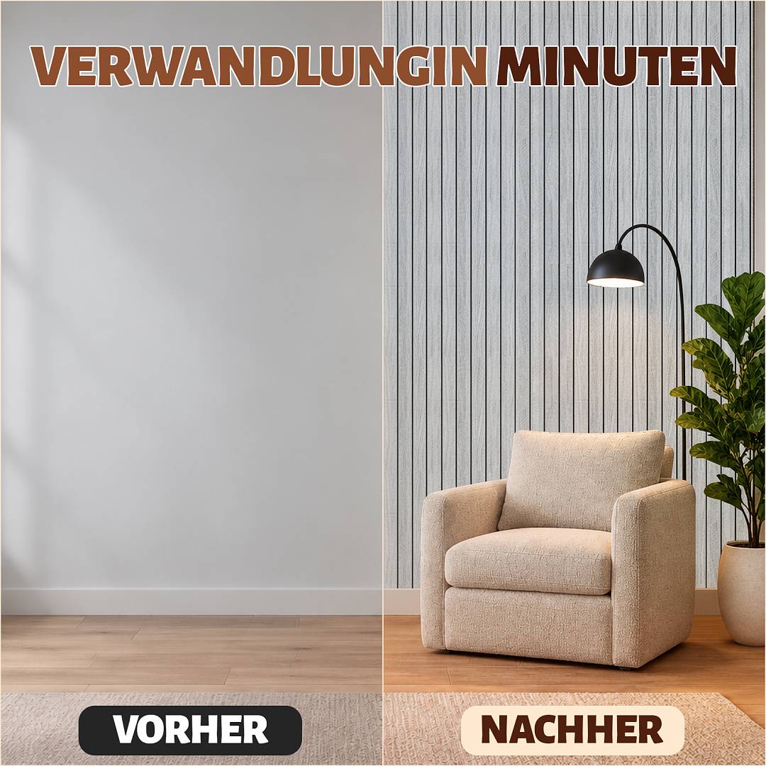 Split-Screen Vorher-Nachher-Innenraumsanierung mit der Bezeichnung 'VERWANDLUNG IN MINUTEN': leere Wand wird zu einem gemütlichen Raum mit Streifentapete, Sessel, Lampe und Pflanze; 'VORHER'/'NACHHER'.