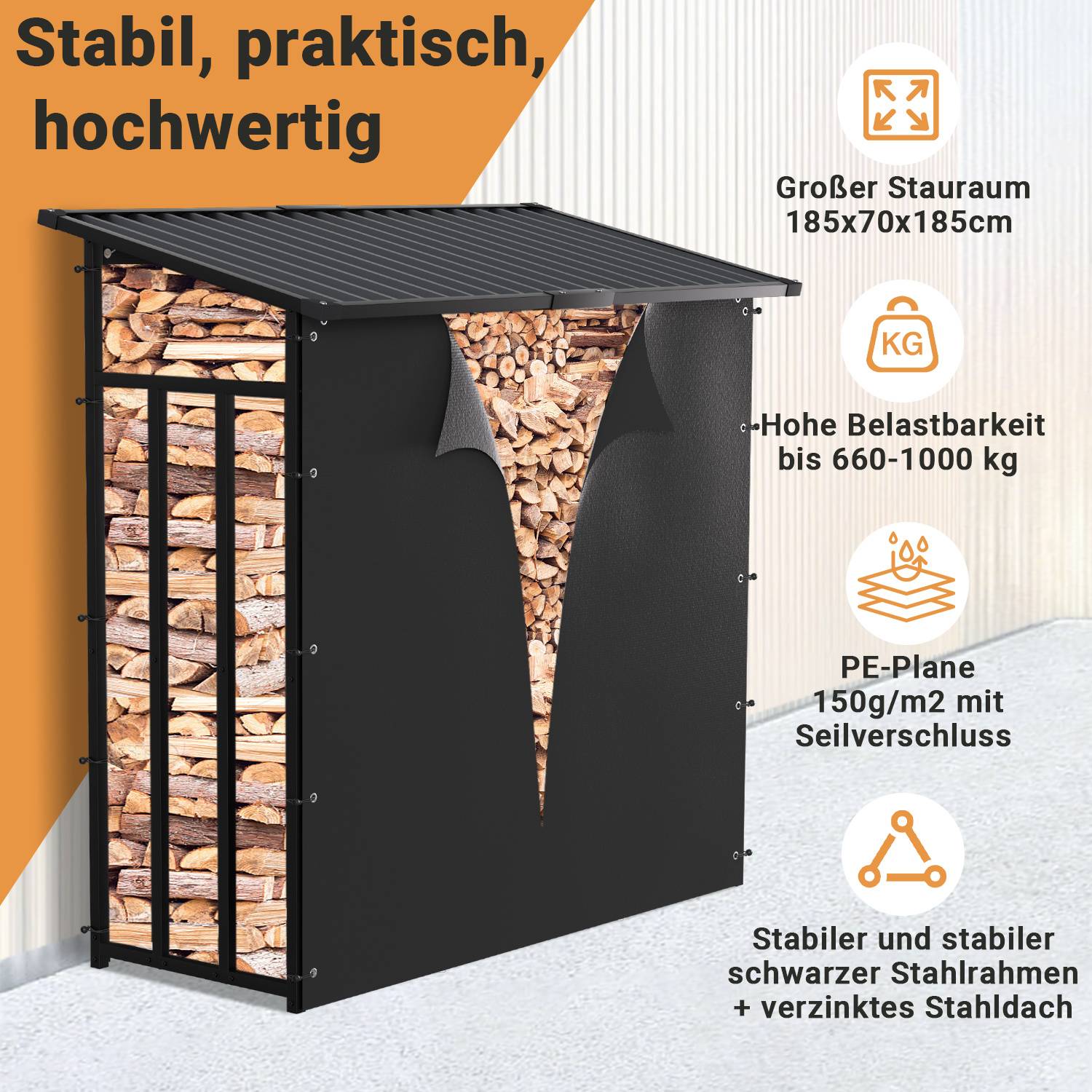 Schwarzer Holzlagerschuppen gefüllt mit Brennholz, zeigt Produktmerkmale: großes Fassungsvermögen, 660-1000 kg Belastung, PE-Plane, Stahlrahmen und Zinkdach.
