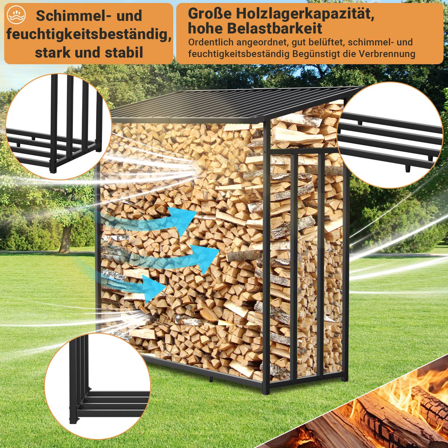 Outdoor-Brennholzregal gefüllt mit gestapelten Holzscheiten, das große Lagerkapazität, Belüftung und einen schimmel- und feuchtigkeitsbeständigen Stahlrahmen zeigt.