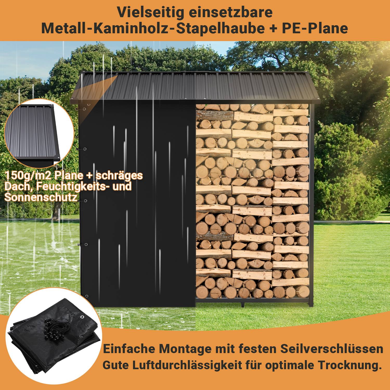 Schwarze Metallholzlagerabdeckung mit geneigter PE-Plane schützt gestapelte Holzscheite vor Sonne und Feuchtigkeit; Text hebt einfache Montage und Luftzirkulation zum Trocknen hervor.