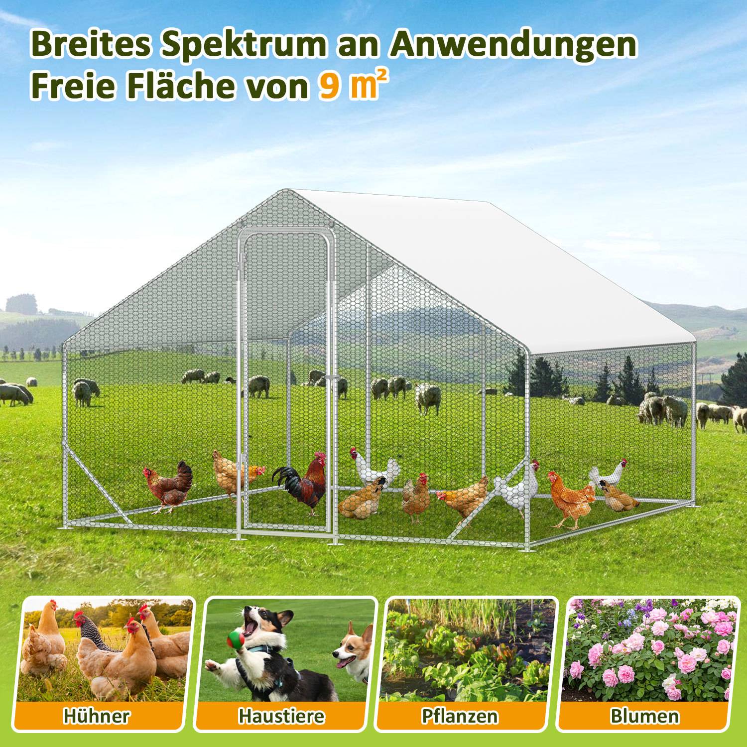 Drahtgeflecht-Außengehege auf einer Wiese mit Hühnern darin; deutscher Text sagt "Breites Spektrum an Verwendungsmöglichkeiten"" und ""9 m² freie Fläche"", zeigt die Verwendung für Hühner, Haustiere, Pflanzen und Blumen.