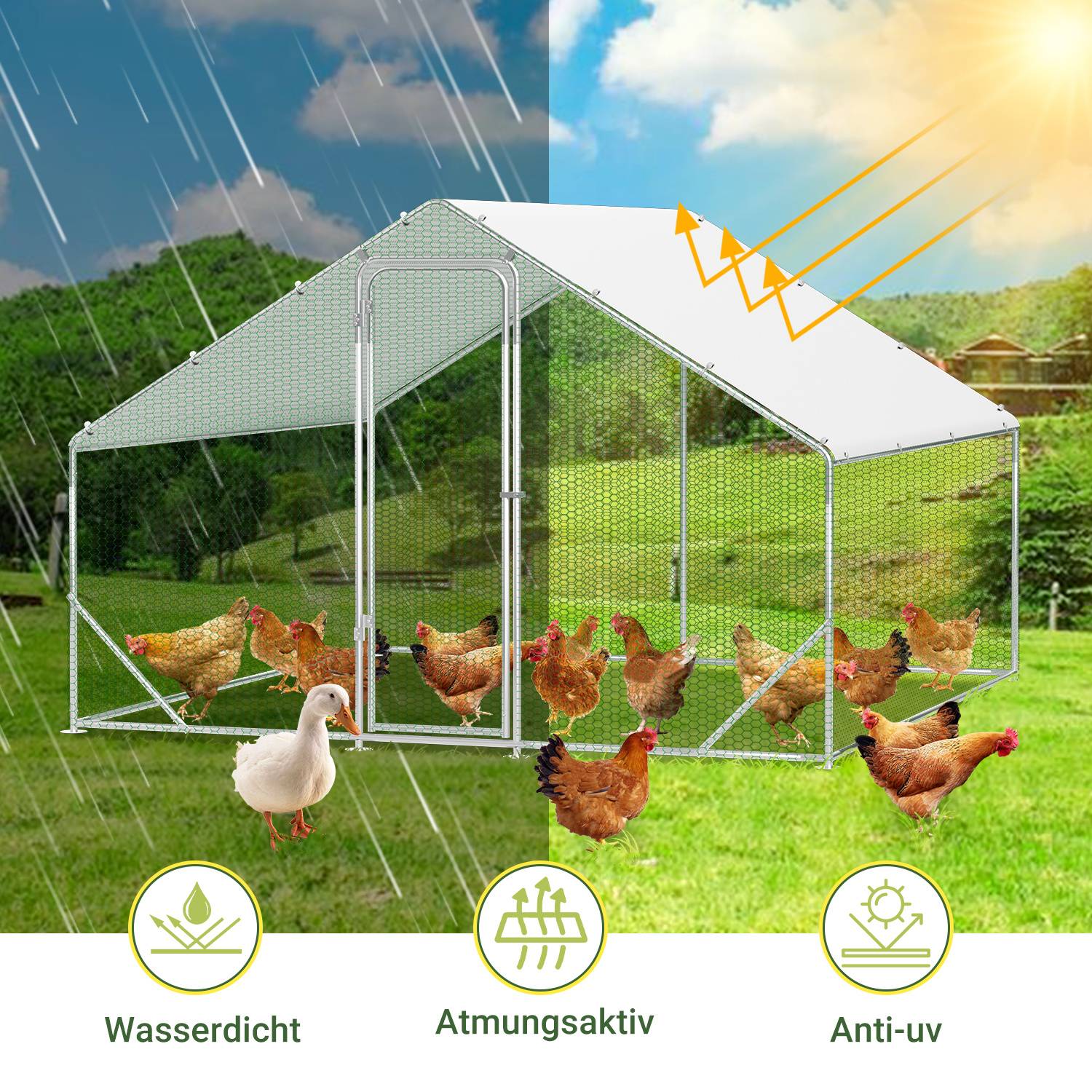 Illustration eines wasserdichten, atmungsaktiven, UV-resistenten Hühnerstalles, der Hühner und eine Ente bei Regen und Sonne schützt, beschriftet mit "Wasserdicht"", ""Atmungsaktiv"" und ""Anti-UV"".