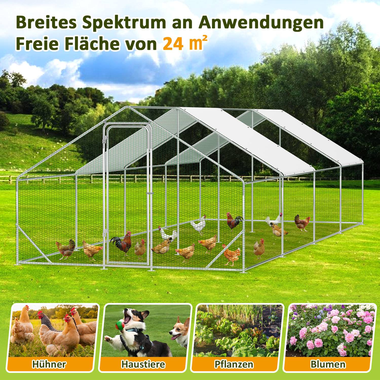 Drahtgeflügelstall mit Satteldach auf Gras, gezeigt als vielseitig einsetzbar für Hühner, Haustiere, Pflanzen und Blumen; deutscher Text lautet „Breites Spektrum an Anwendungen" und „Freie Fläche von 24 m²"".