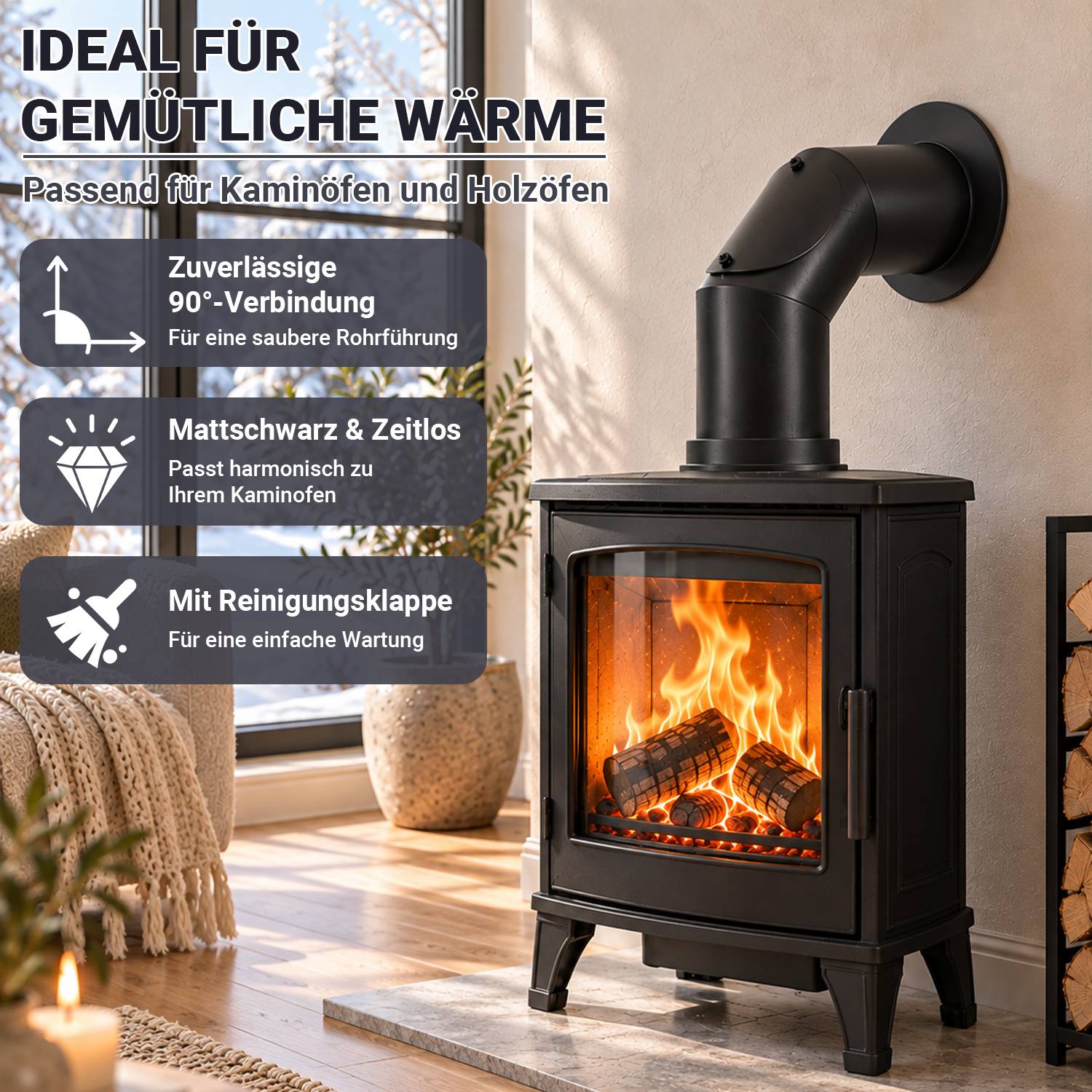 Schwarzes Ofenrohr und Kaminofen brennend in einem gemütlichen Raum, mit deutschem Werbetextig, der die 90°-Verbindung, mattschwarze Oberfläche und Reinigungsklappe hervorhebt.