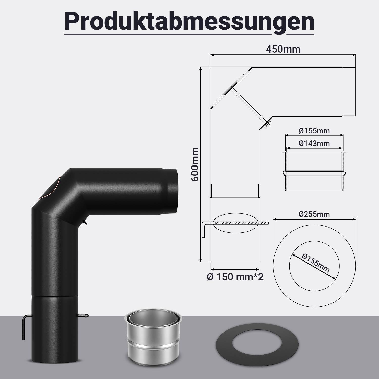 Produktabmessungsdiagramm für einen schwarzen 90-Grad-Rohrbogen, der eine Breite von 450 mm, eine Höhe von 600 mm und Auslassdurchmesser von 150 mm, 155 mm, 143 mm und 255 mm zeigt.