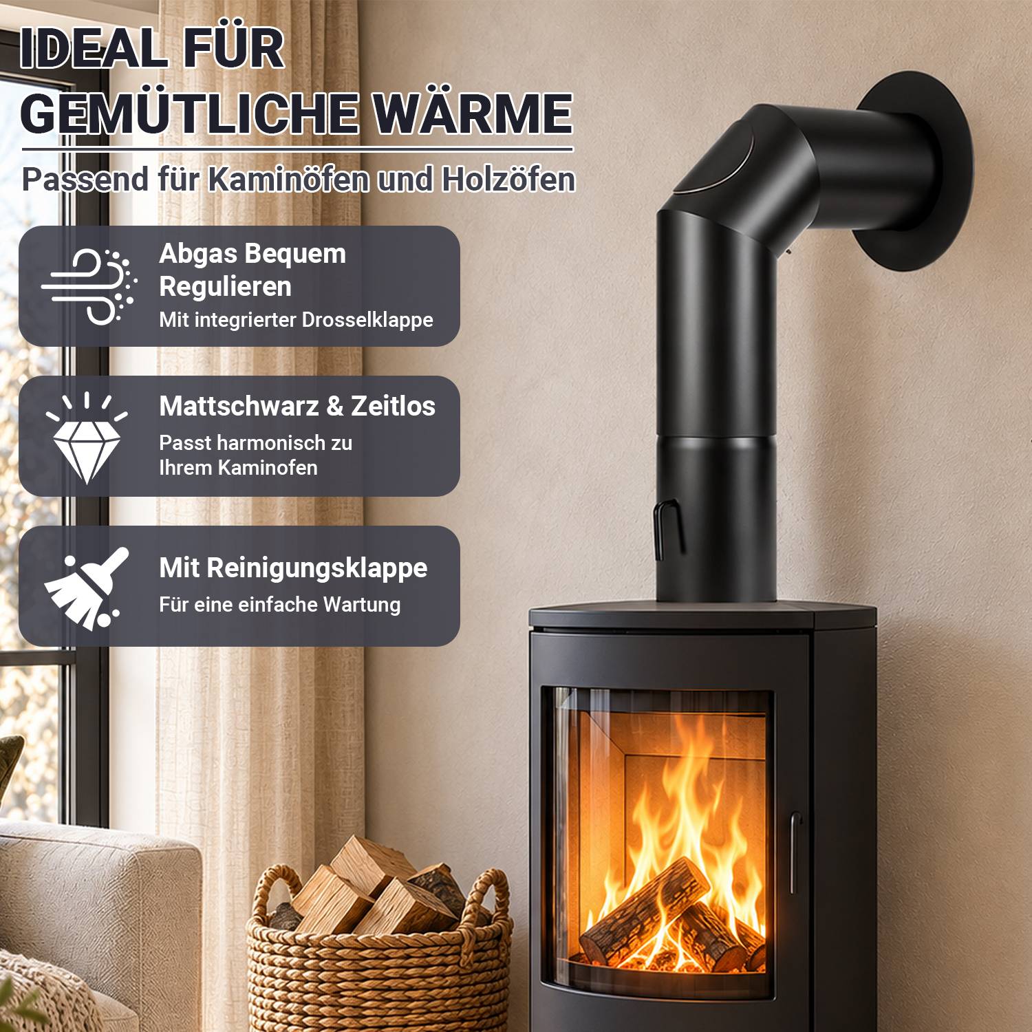 Ofenrohr-Set 150 mm 90 Grad mit Drosselklappe und Reinigungsöffnung, 2 mm Stahl