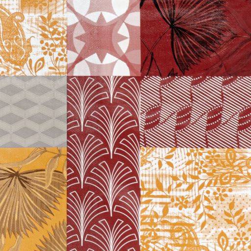 Bunte patchworkartige Collage aus gemusterten Stoffquadraten in Rot, Orange, Grau und Beige mit floralen, geometrischen und Blattverzierungen.