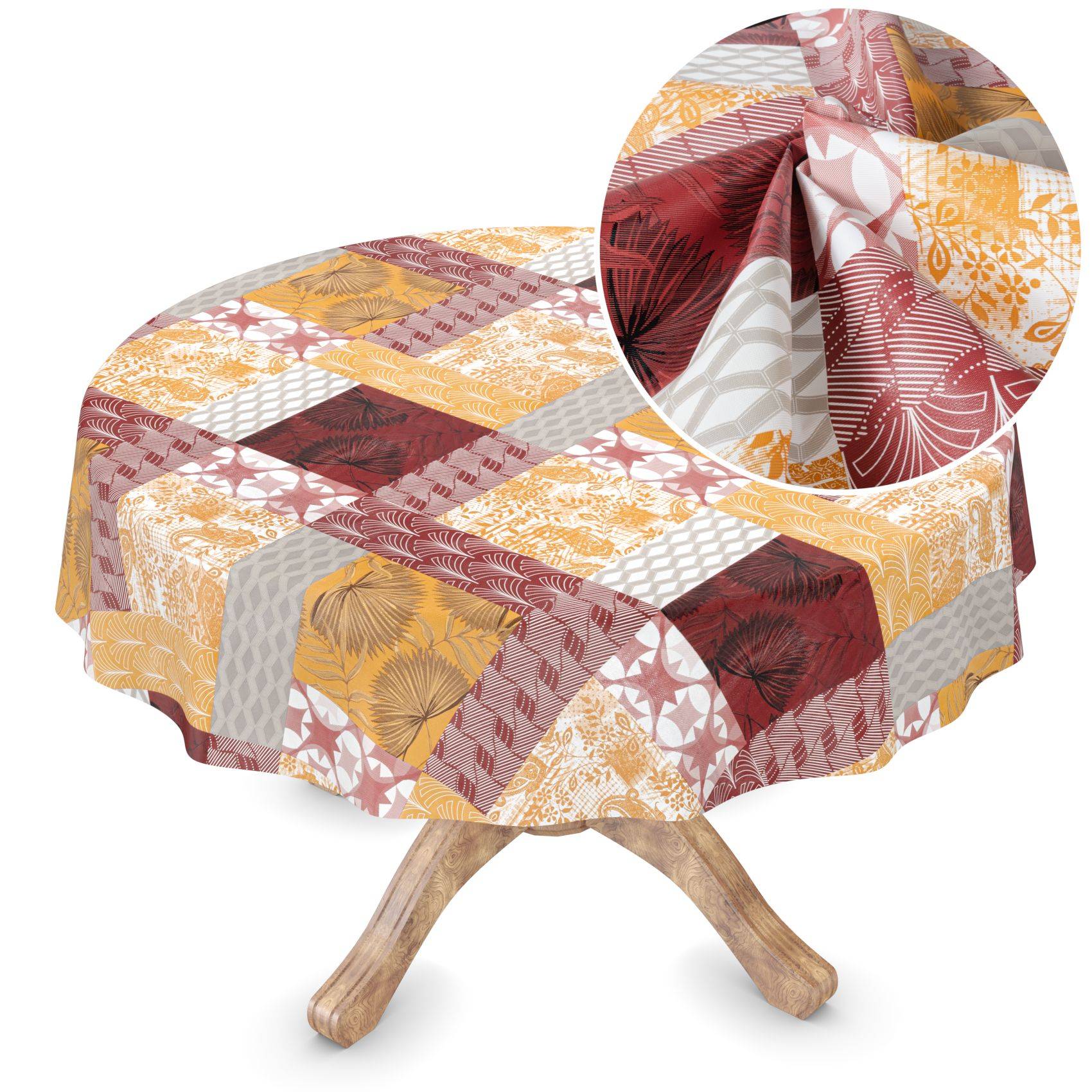 Runder Tisch mit einer mehrfarbigen Patchwork-Tischdecke; die Einschub zeigt das Nahaufnahmemuster des Stoffes in Rot, Gold und Weiß.