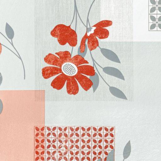 Abstrakte Blumentapete mit roten Blüten und grauen Blättern auf hellem Hintergrund, plus ein kleines rotes geometrisches Fliesenmuster in der Nähe des unteren Randes.