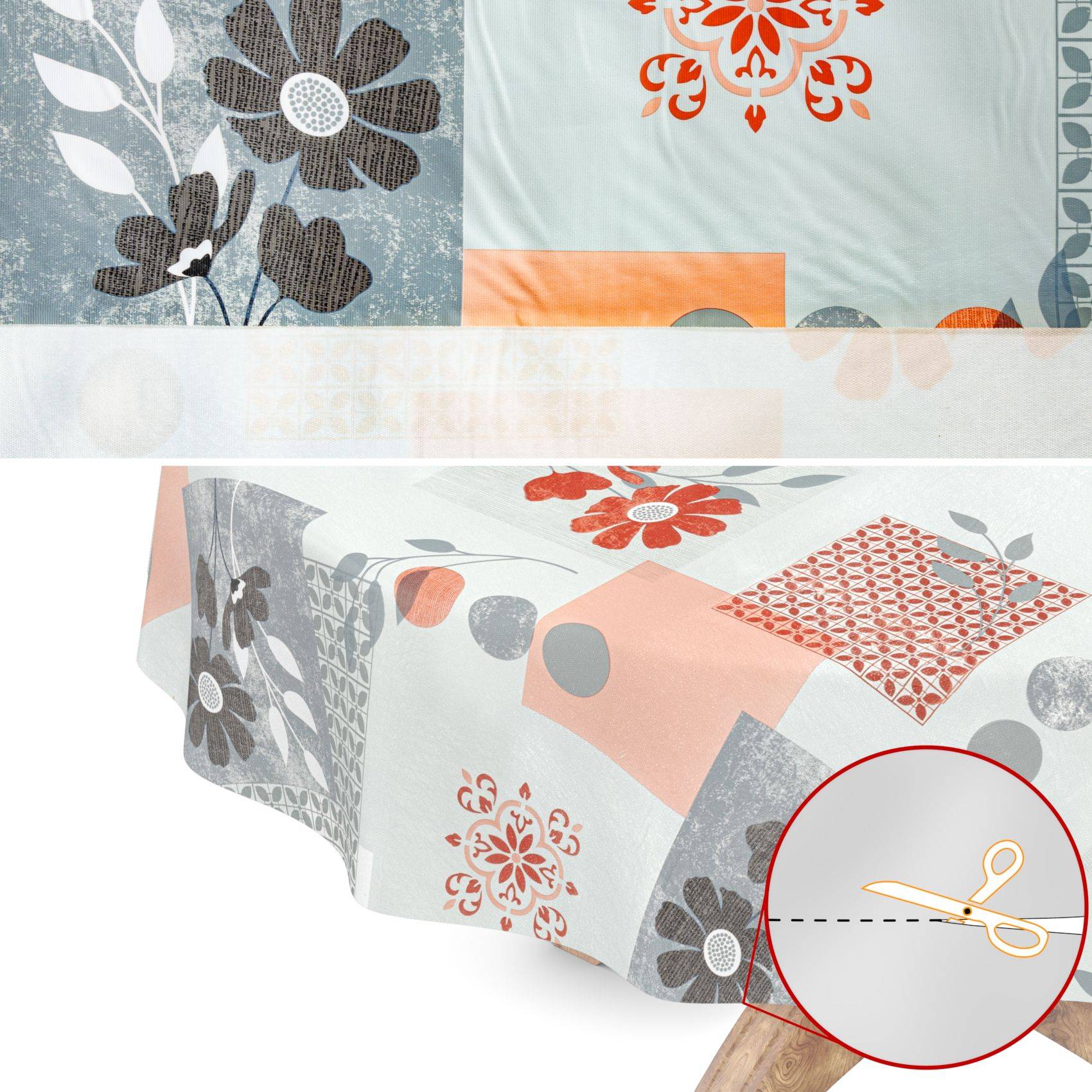 Illustrierte Tagesdecke mit floralem Patchwork-Muster und einer gestickten Naht, dargestellt mit einer Nahaufnahme des Saumstichs-Details.