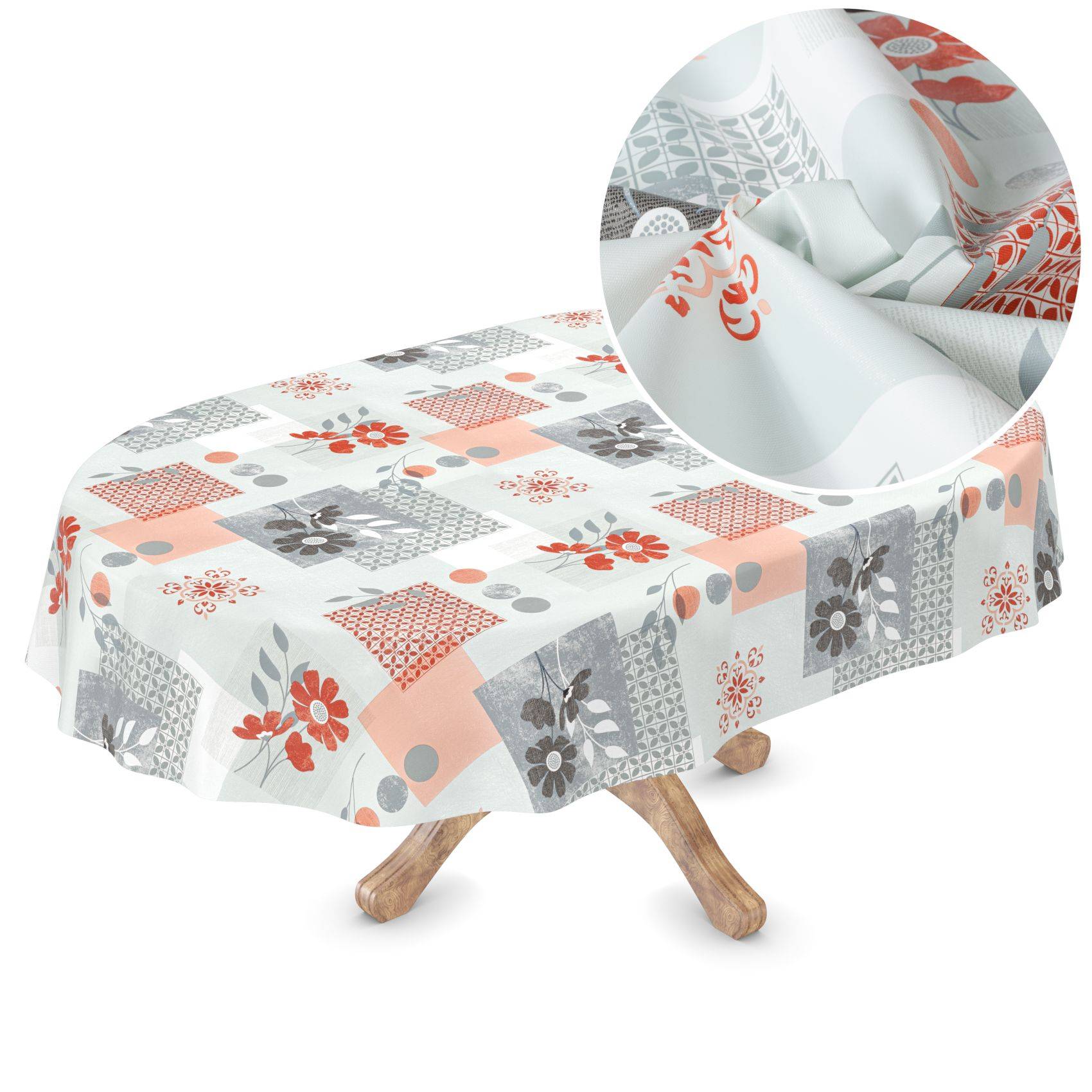 Tisch mit einer gemusterten Tischdecke aus Blumen- und geometrischen Motiven in Weiß, Grau, Koralle und Rot, gezeigt mit einer Nahaufnahme der Stofftextur als Einsatz.