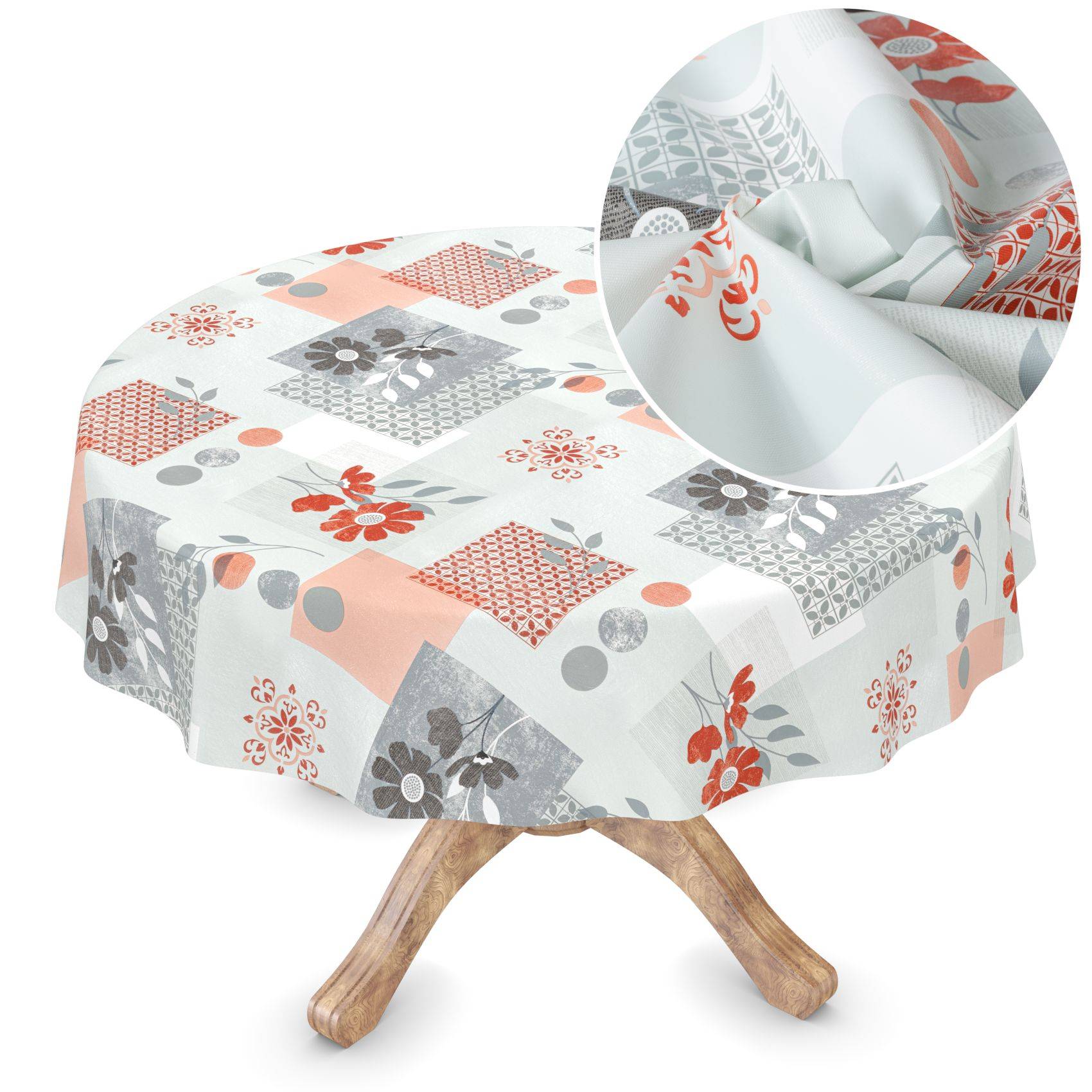 Runder Tisch mit gemusterter Tischdecke in Blumen- und geometrischen Mustern in Grau, Weiß und Koralle, gezeigt mit einer vergrößerten Detailaufnahme, die die Stofftextur und den Druck hervorhebt.